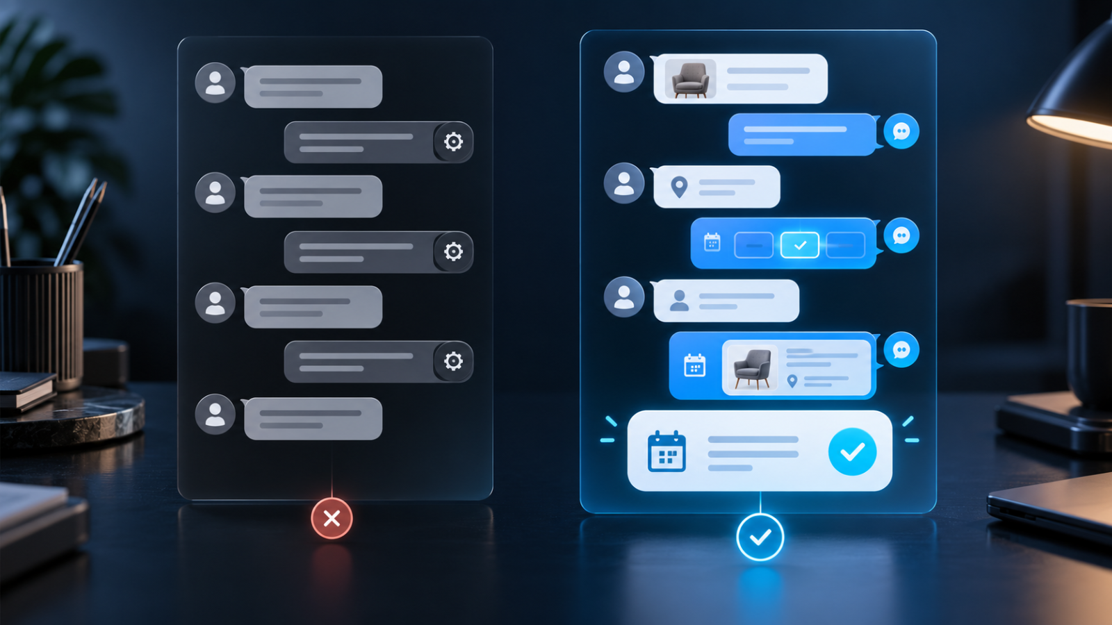 Differenza tra risposte automatiche tradizionali e assistente AI per prenotazioni su WhatsApp Business.